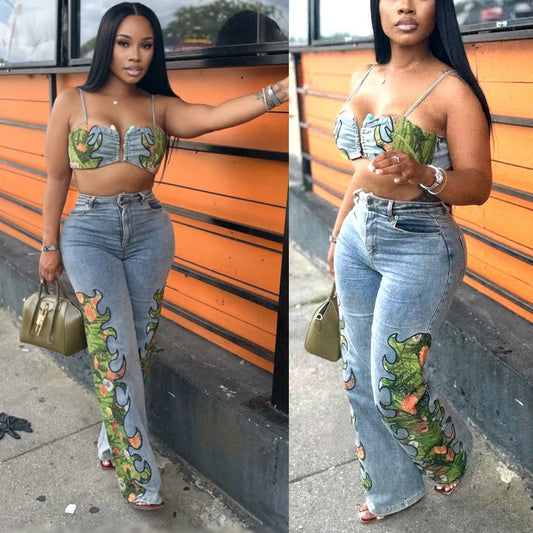 Sexy Denim Woman Set Fashion Floral Printed Crop Top and Wide Leg Jeans Pants Suit 2025 Street Wear Two 2 Piece Sets Outfits