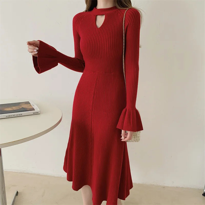 Elegant V-Neck Knitted Dress Slimming Long Skirt High Waist Bell Sleeve Unique Design Autumn Winter Women's Fashion Dress