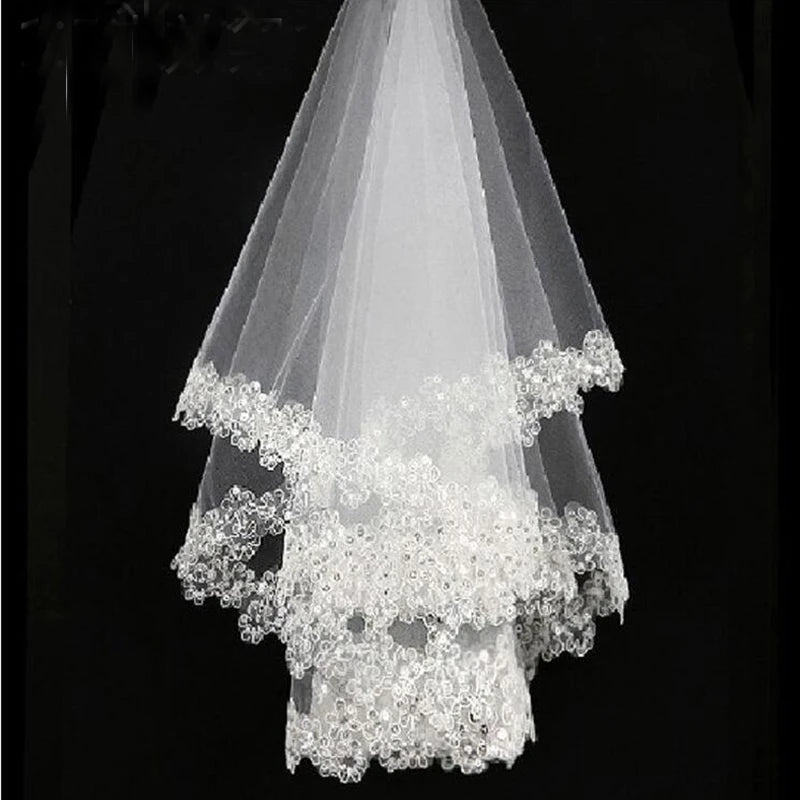 White Sequins Edge Tulle Bridal Wedding Veils One Tier Beaded 120cm Bride Accessory 2024