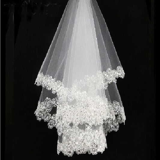 White Sequins Edge Tulle Bridal Wedding Veils One Tier Beaded 120cm Bride Accessory 2024