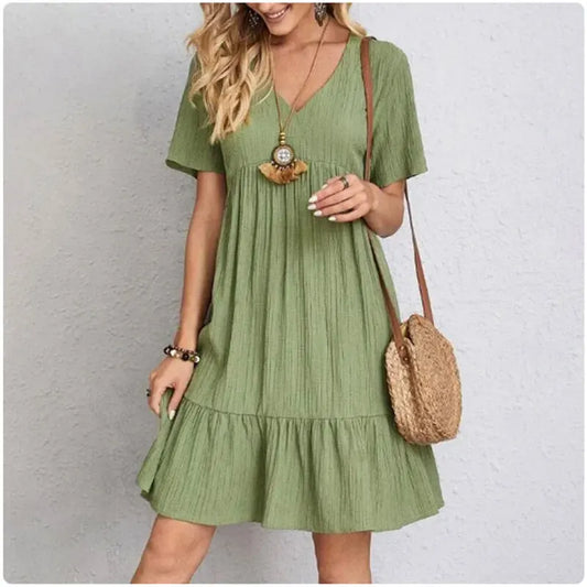Women  Peplum Dresses Spring V-Neck Short Sleeve Loose Waist Ruffle Fit Flare Vocation Dresses