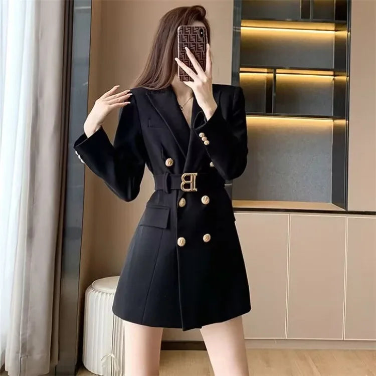 French Elegant Long Sleeve Suit Dress Waist-Cinching Short Size Professional Double-Buttoned Belted Coat