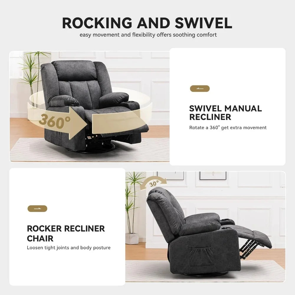 Manual Recliner Chair Set，Fabric Reclining Sofa Chair with Cup Holders, Upholstered Recliner with Side Pockets Suitable for Liv