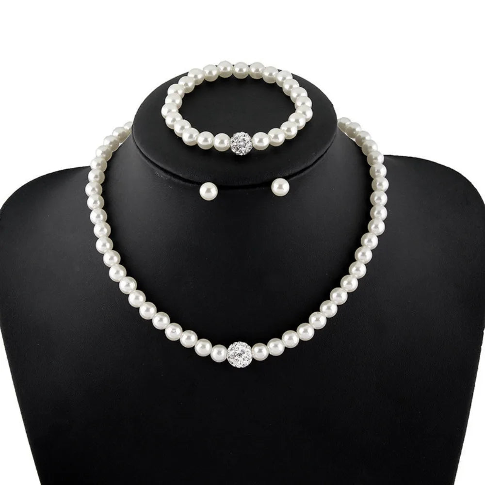 Set 3pcs Classic Trendy Pearl Crystal Necklace Bracelet Earring for Women Luxury Wedding Bride Set Jewelry Gifts