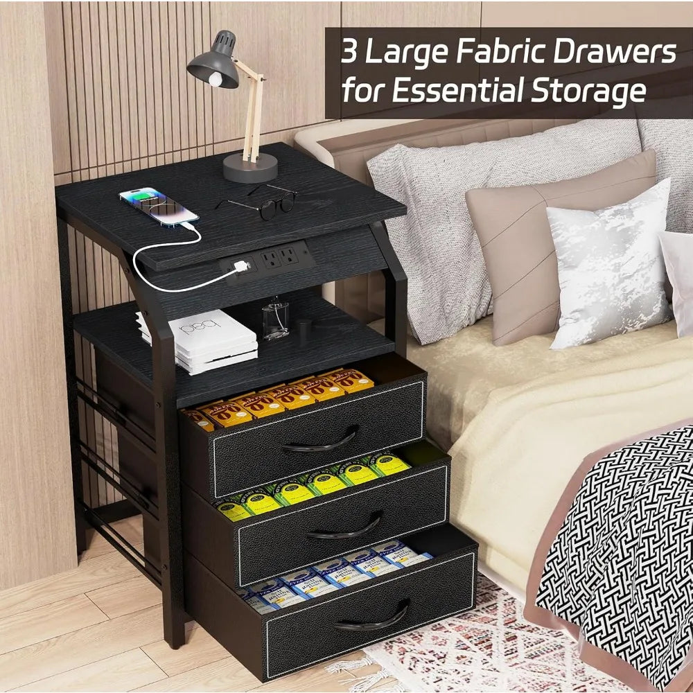 End Tables Set of 2, Nightstands with Charging Station and LED Lights, 3 Drawers Fabric Dressers, Storage Side Tables for Bedsid