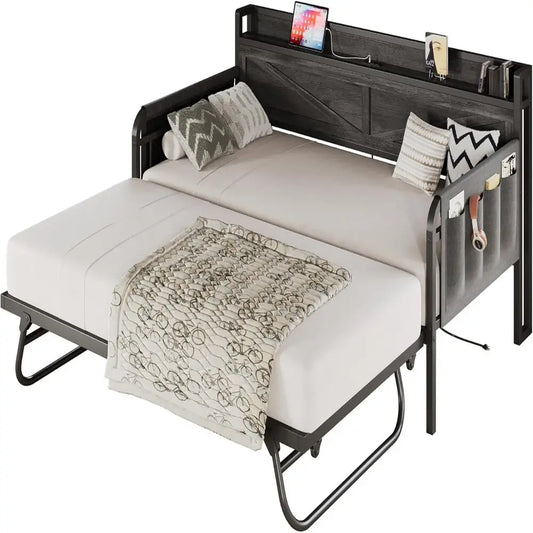 LIKIMIO Twin Daybed with Trundle Bed, Storage Headboard with Charging USB Station, Sofa Day Bed with Strong Supports for Bedroom