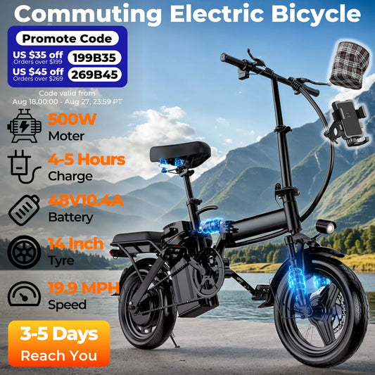 LELEKUAI 500W Adult Electric Bike, 20 MPH, 48V 12Ah Removable Battery, 14 Inch Folding Electric Bike, Multi-Shock Absorption