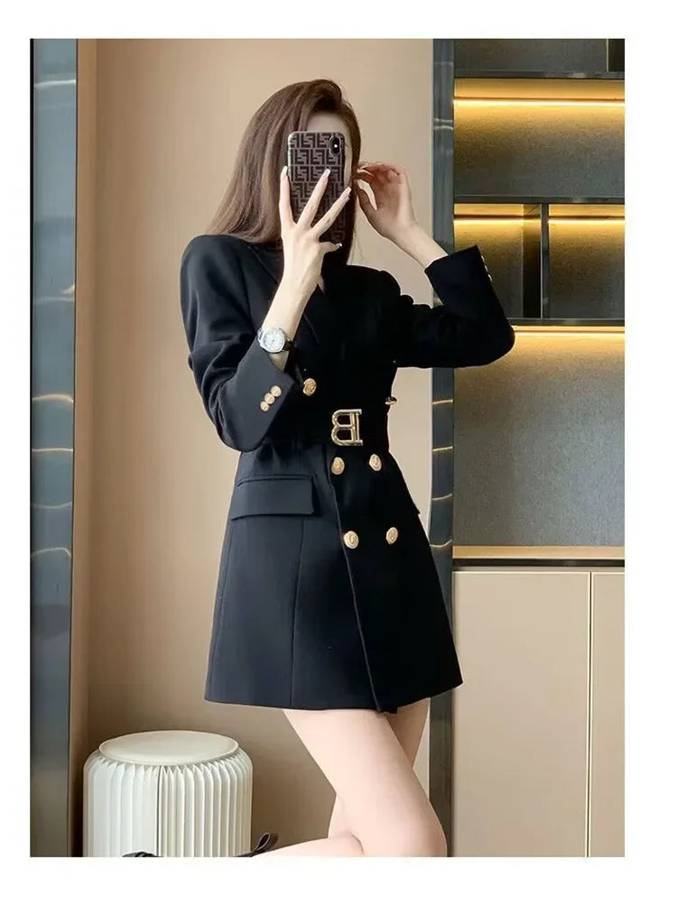 French Elegant Long Sleeve Suit Dress Waist-Cinching Short Size Professional Double-Buttoned Belted Coat