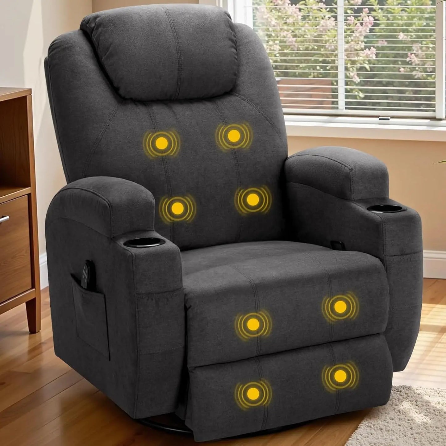 Recliner Chair, 360° Swivel Rocker Chair for Adults, Rocking Recliner Chair with Massage, Comfy Single Sofa with Side Pockets Cu
