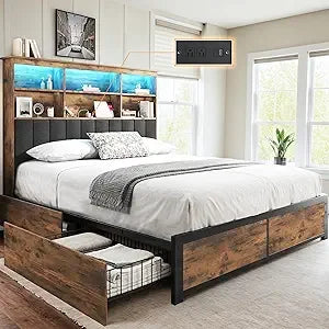 HISOFT Queen Bed Frame with Headboard, Queen Bed Frame with High Storage Bookcase, 4 Storage Drawers & LED & Charging Station,No