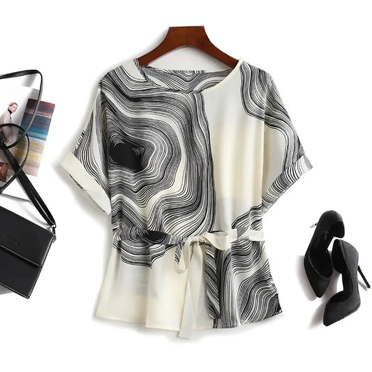 Vortex Striped Vintage Chiffon O-Neck Short Sleeve Lace-up Women's Blouse Shirt Korean Fashion Female Clothing 2024 Spring
