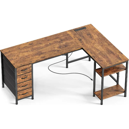 55 Inch L Shaped Desk with Fabric Drawers, Reversible Computer Gaming Desk with Power Outlets and USB-C Port, Adjustable Side S