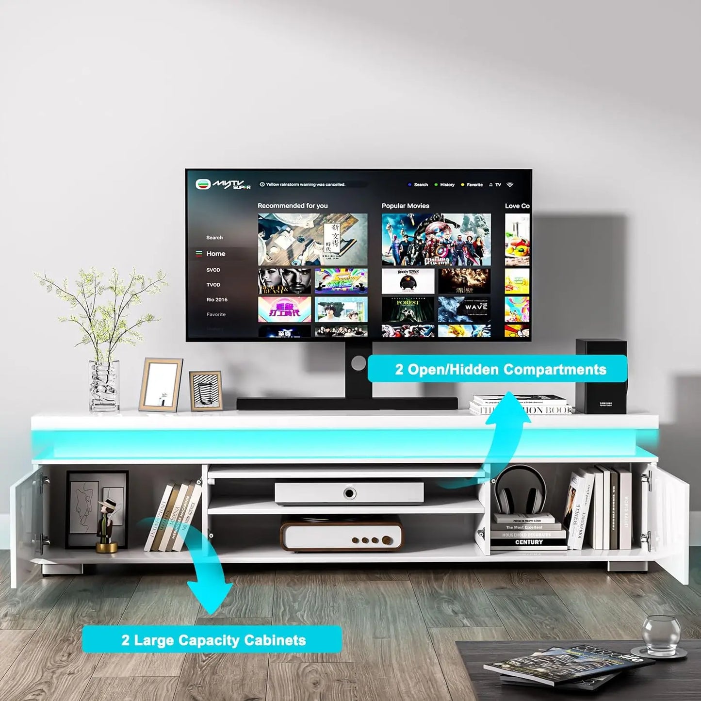 Low TV Stand, 80" TV, LED Lights, Entertainment Center, Storage, Power Outlet, High Gloss White, for Living Room & Bedroom