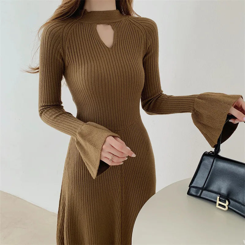Elegant V-Neck Knitted Dress Slimming Long Skirt High Waist Bell Sleeve Unique Design Autumn Winter Women's Fashion Dress