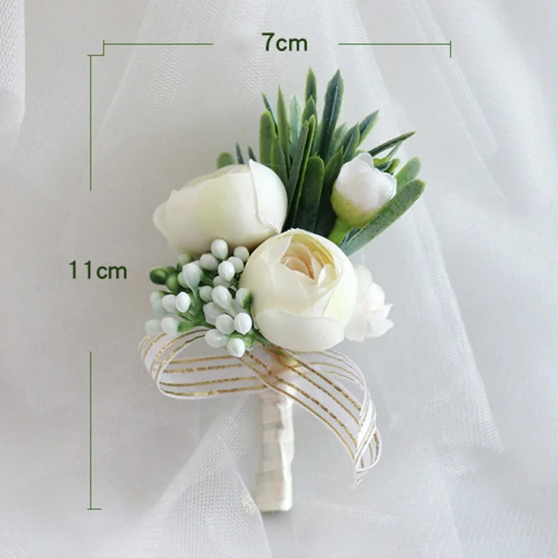 Boutonnieres Flowers Artificial Roses Silk Ivory Corsage Buttonhole Groomsmen Boutonniere for Men Wedding Accessories