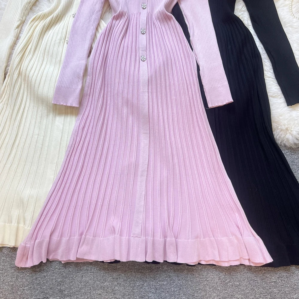 YuooMuoo Autumn Winter Women Knitted Long Dress Brand Fashion V-neck Slim Waist Pleated Sweater Dress Lady Office