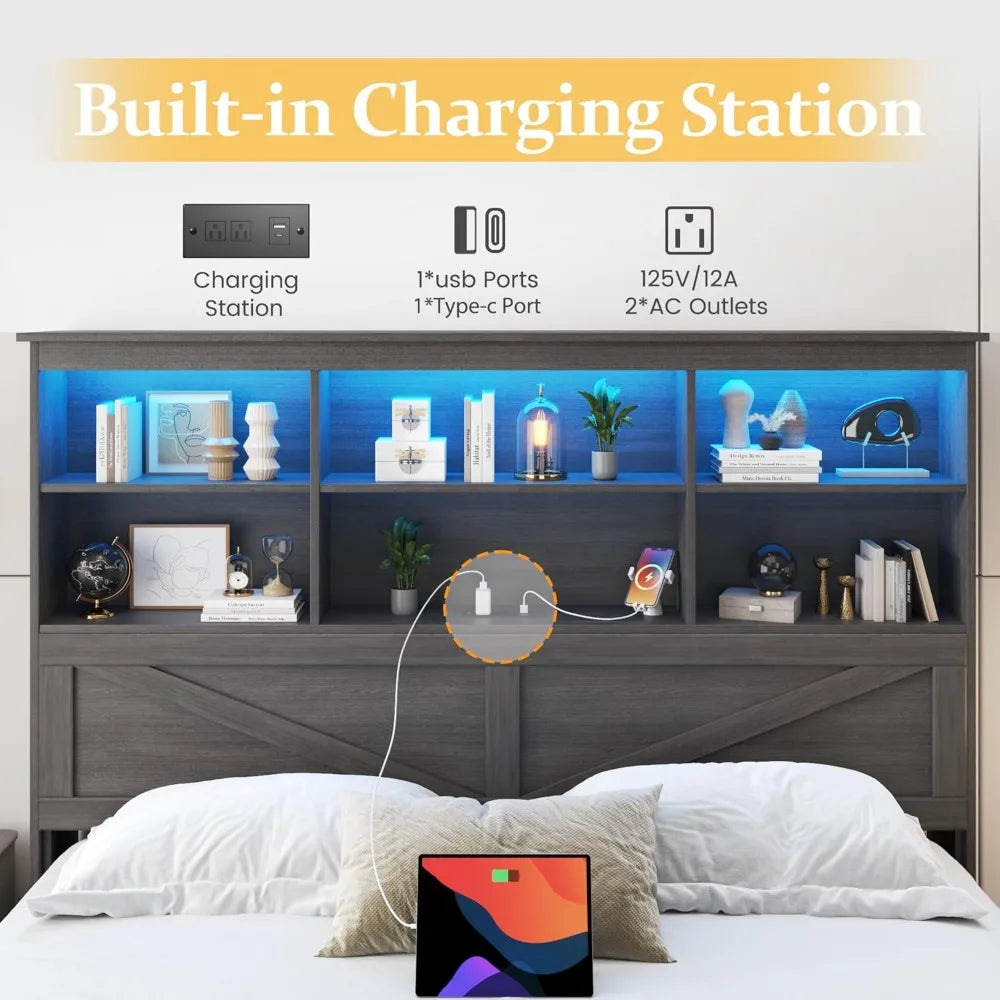 HISOFT Queen Bed Frame with Headboard, Queen Bed Frame with High Storage Bookcase, 4 Storage Drawers & LED & Charging Station,No
