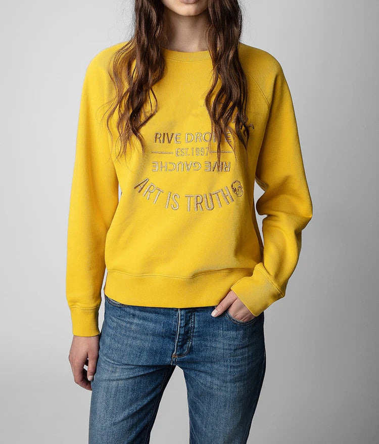 Early autumn new French niche ZV classic letter embroidery pink cotton women's embroidered pullover sweater sweatshirt