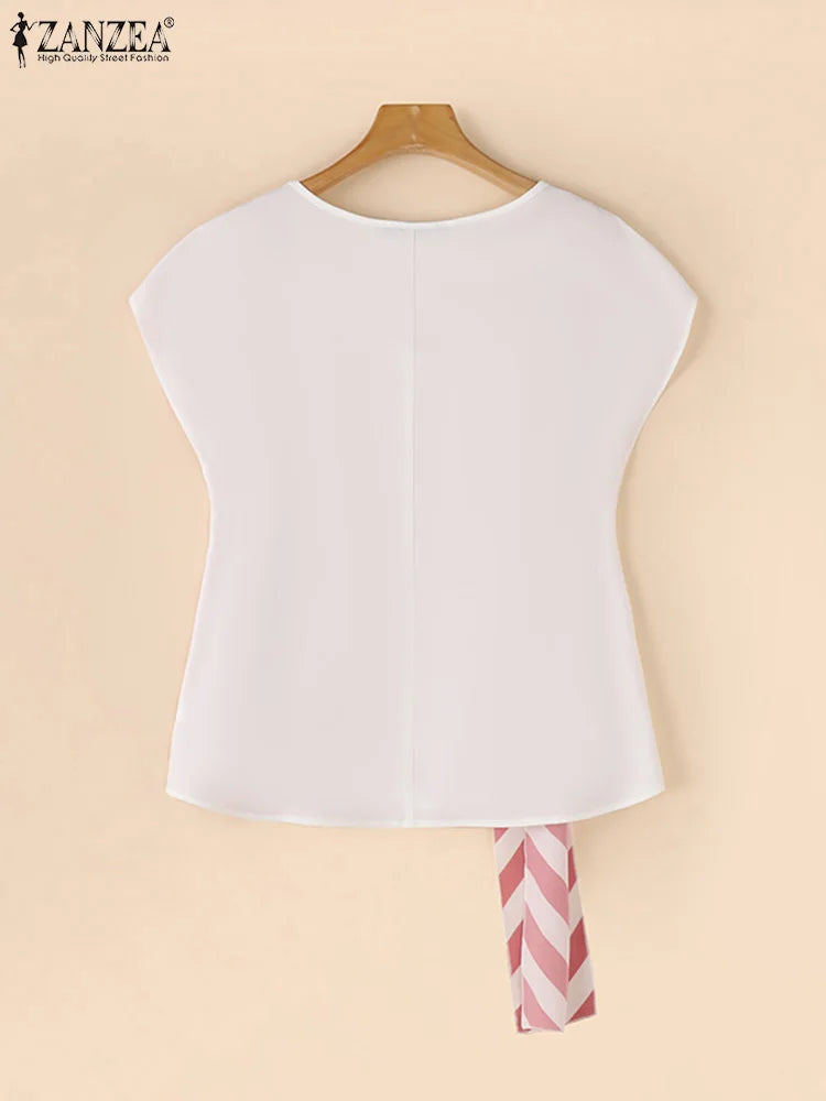 ZANZEA 2025 Korean Striped Printed Tops Fashion Short Sleeve Blouse Holiday Summer HolidayLoose Belted Tunic Casual Simple Tops