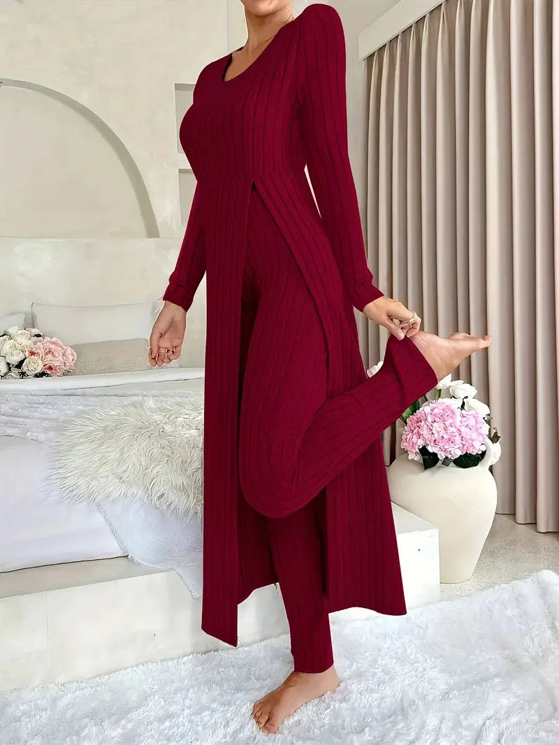 Autumn Casual Solid Set For Women Fashion O Neck Long Tops+High Waist Slim Pants 2 Piece Sets Lady Holiday Women's Clothing New