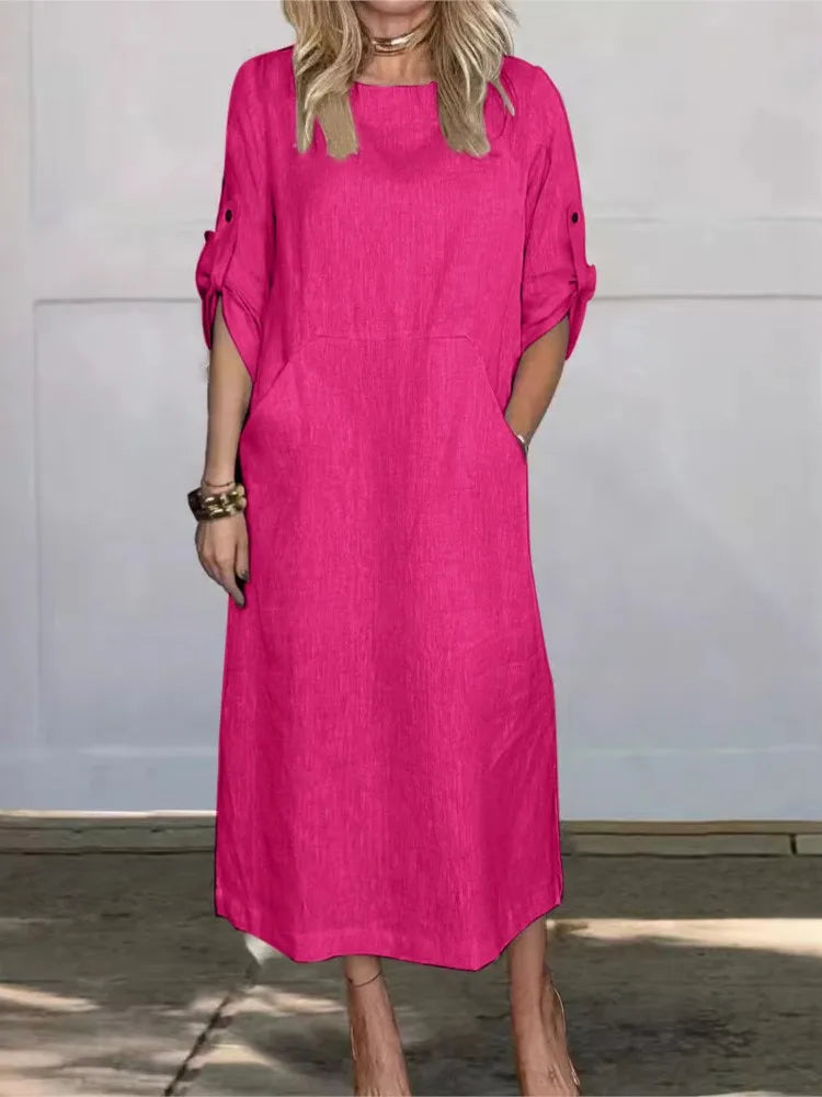 New Women's Clothing  Loose Casual Solid Color Short Sleeved Cotton Linen Fashionable Button With Pocket Dress