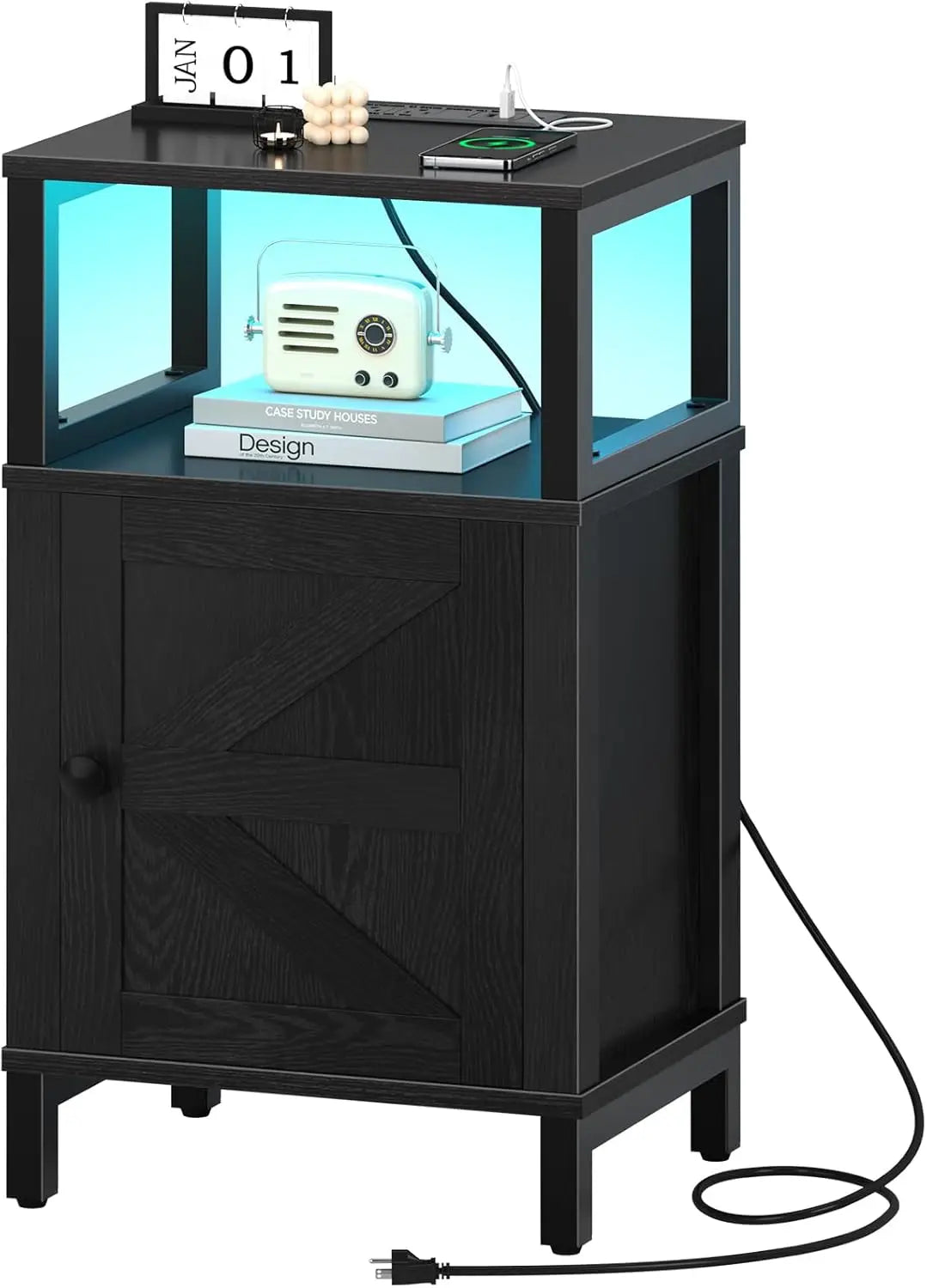 Farmhouse Nightstand with Charging Station, Wood Night Stand End Table with USB Ports, LED Bed Side Table with Storage Cabinet,
