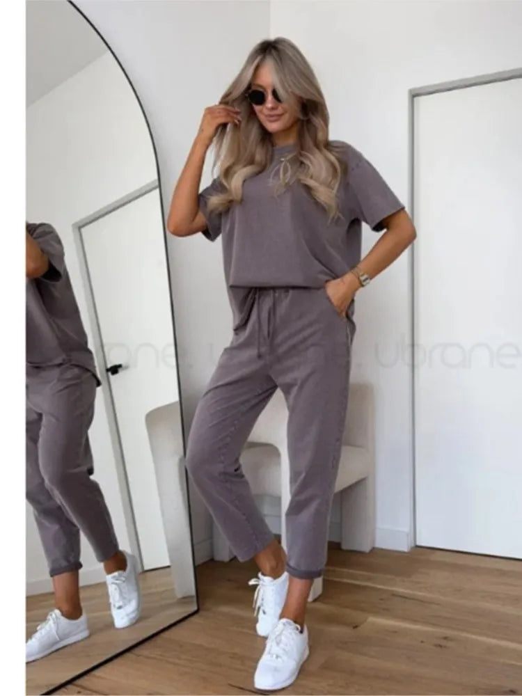 Casual Loose Sports Two Piece Set Women O-neck Short Sleeve Top Elastic Waist Lace Up Pants Sets Autumn Solid Fashion Outfit