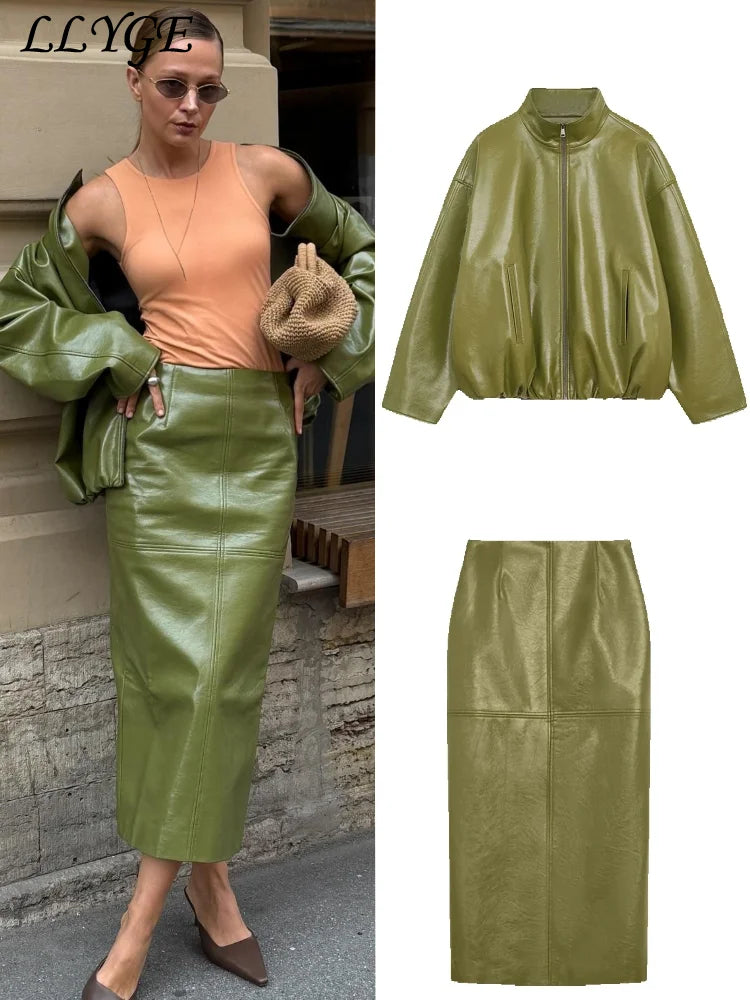 Street Green Leather Jacket Skirt Sets Women Stand Collar Zipper Pleated Coat Spliced Long Skirts Outfits