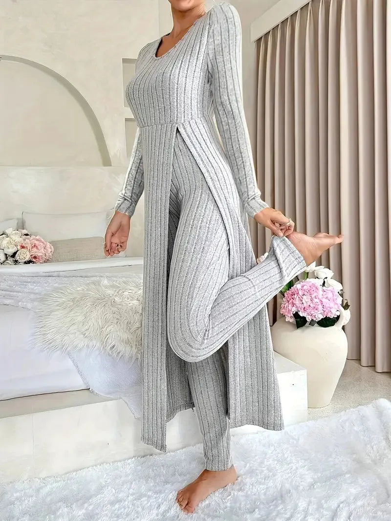 Autumn Casual Solid Set For Women Fashion O Neck Long Tops+High Waist Slim Pants 2 Piece Sets Lady Holiday Women's Clothing New