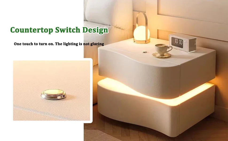Modern Nightstand with LED Light, Leather Night Stand with Drawer, Solid Wood Bedside Table (2 Drawers, White)