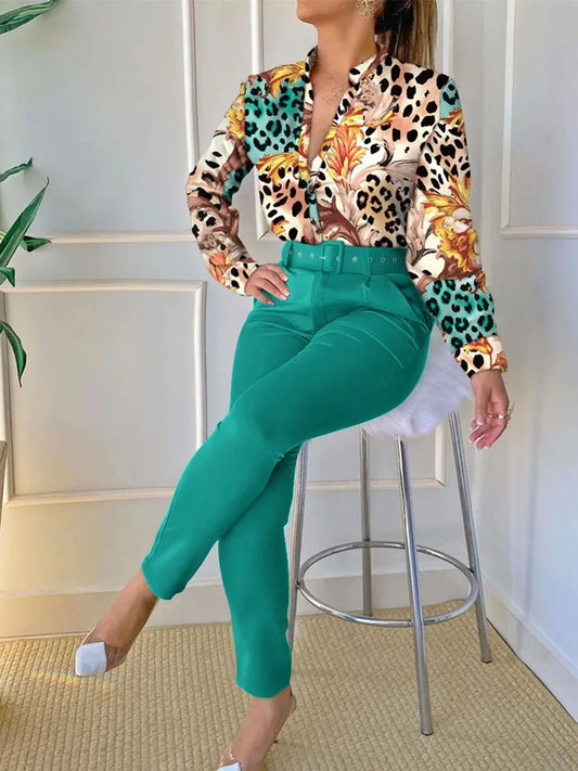 Spring New Printed Long Sleeved Shirt Suit Women's Slim Retro Stand Collar Pocket Small Foot Trousers Two Piece Set With Belt