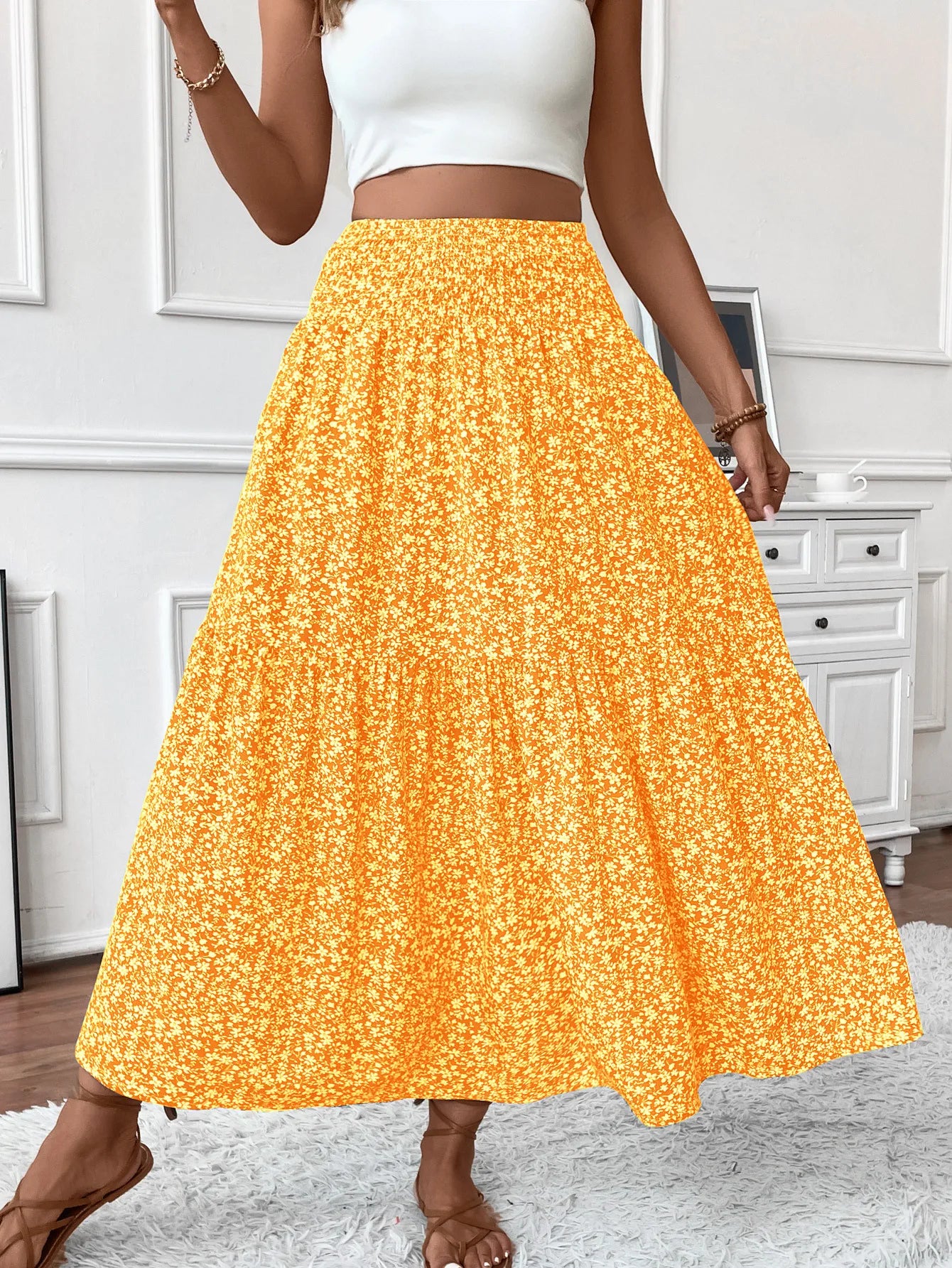 Women New Classic Printed Skirt Retro High Waist Long Skirt Casual Stylish Loose Beach Skirt Elegant Ladies Floral Pleated Skirt
