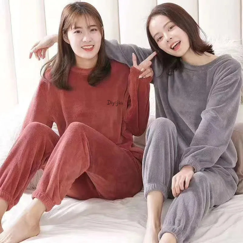 Warm Coral Fleece Pants Set Women's Loose Comfortable Home Wear Outerwear Versatile Lazy Girl Style Long Sleeve Cartoon Print