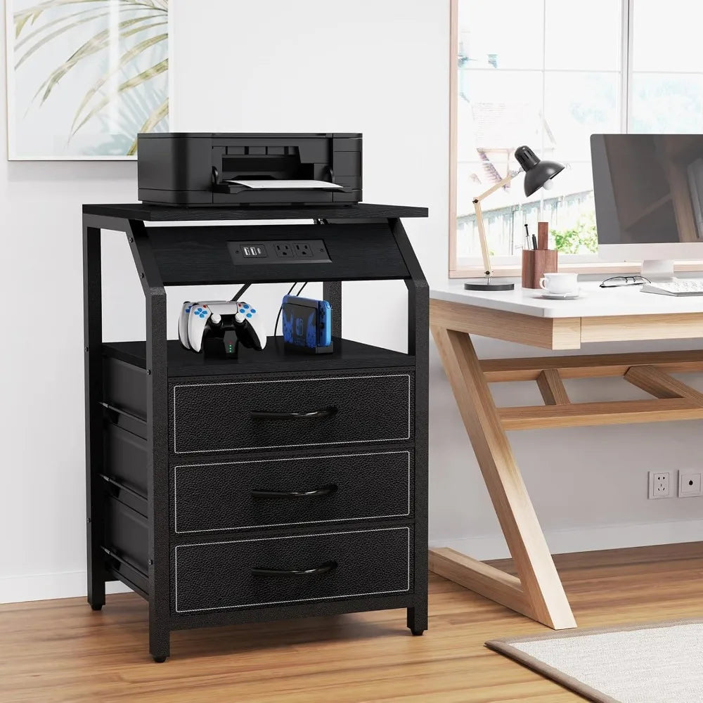 End Tables Set of 2, Nightstands with Charging Station and LED Lights, 3 Drawers Fabric Dressers, Storage Side Tables for Bedsid