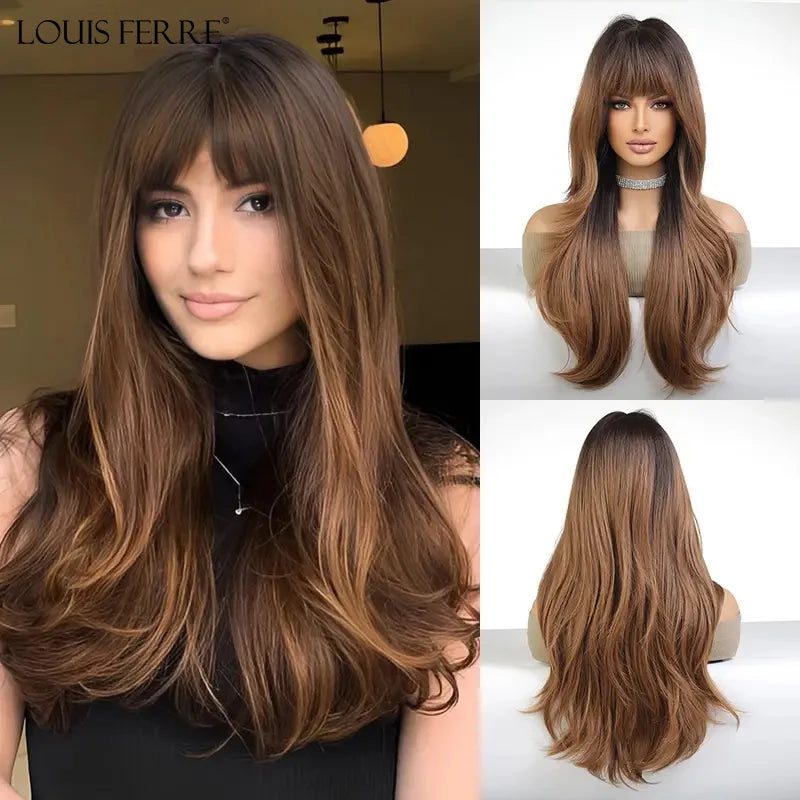LOUIS FERRE Brown Blonde Highlights Wigs For Women Daily Long Wavy Curly Synthetic Wigs Natural Heat Resistant Hair With Bangs