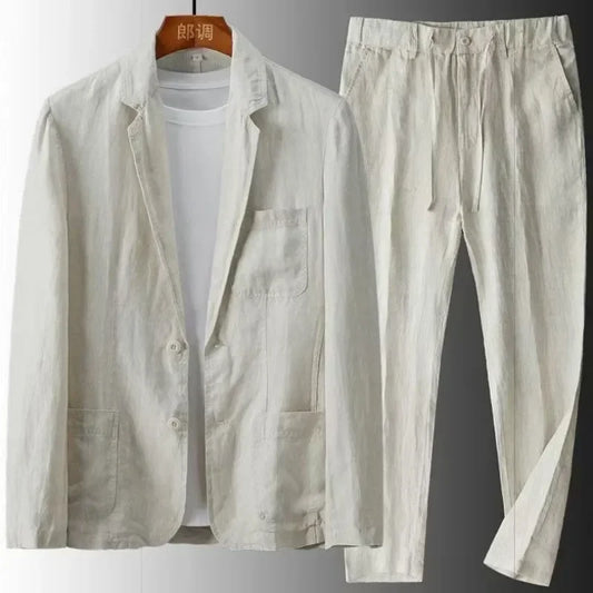 Men's Spring Summer Casual Sets Cotton Linen Two-piece Set Blazer Jacket + Pants Casual Business Thin Clothing Breathable Suit