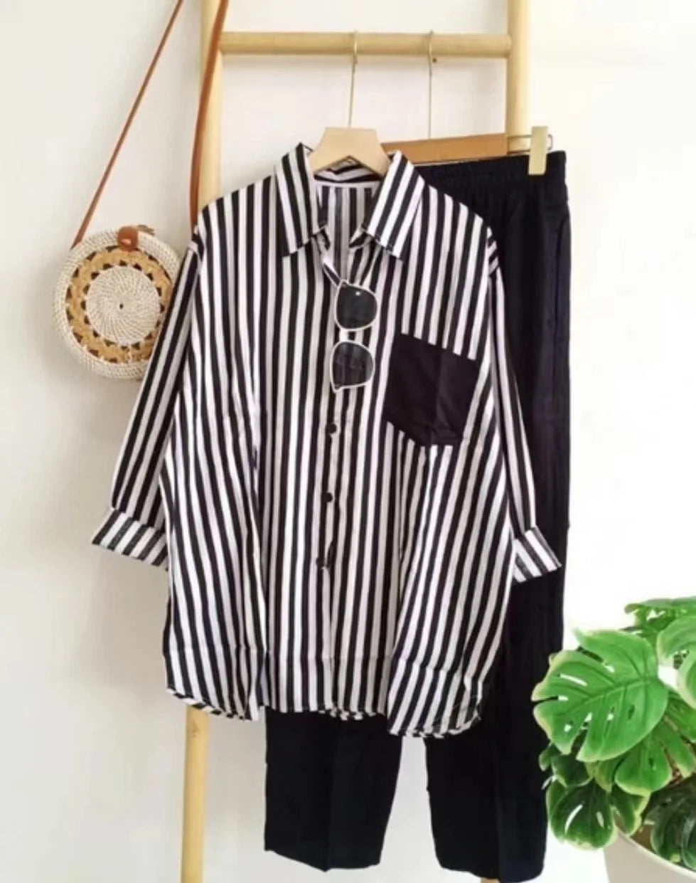Plus Size Loose Casual Two Piece Sets Women 2025 Fashion Elegant Comfort Striped Long Sleeve Shirts And Long Pants Sportswear