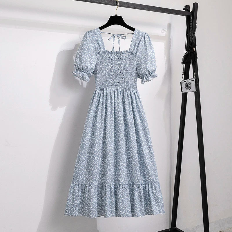 Spring Summer Chiffon Dresses Fashion Female Elastic Waist Short Sleeve Pleated Casual Dress Women A-line Dresses
