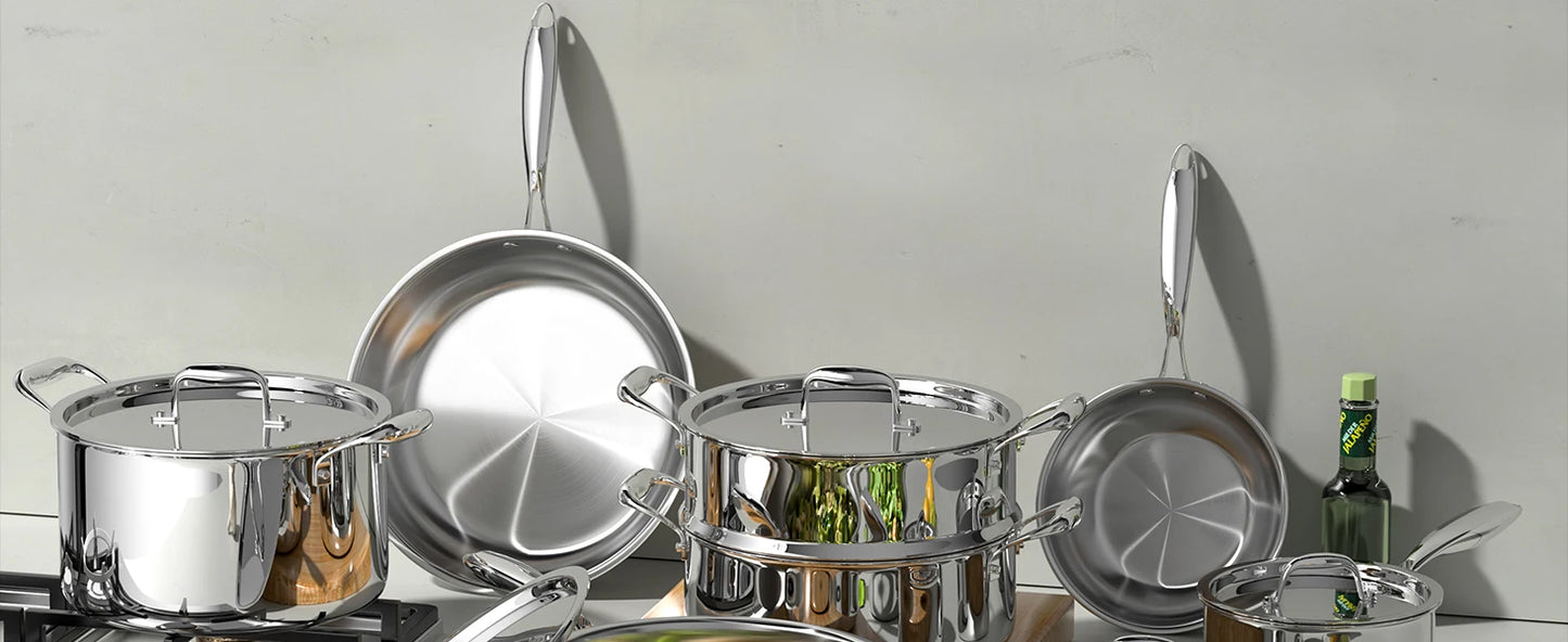 Stainless Steel Cookware Set, 5 Ply 14 Piece Stainless Steel Pot and Pan Set-Induction, Heavy Chef Quality, Oven Safe | Professi