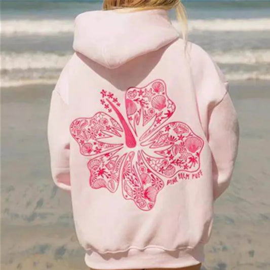 PINK PALM PUFF Street Hoodies Casual Female Sweatshirt Fashion Hoodie Embroidery Oversize Loose New Sweatshirts Autumn Clothing