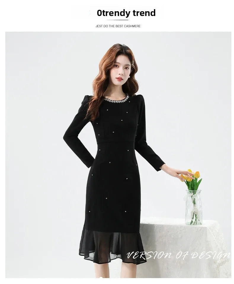 Fall Fashion Heavy Duty Rhinestone Splice Slimming Chiffon Mermaid Dress