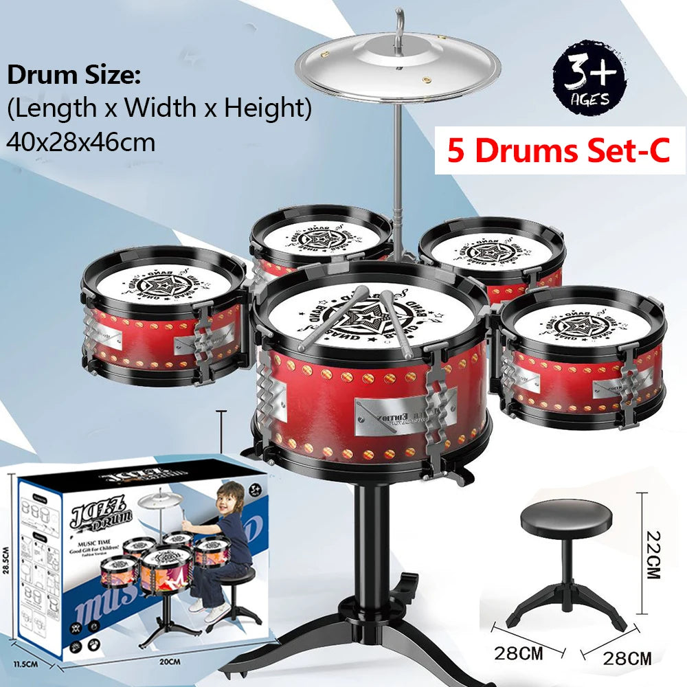 Jazz Drum Set for Kids 3 Drums / 5 Drums with Small Stool Drum Stick Set Music Instrument Educational Toys for Beginners Gifts
