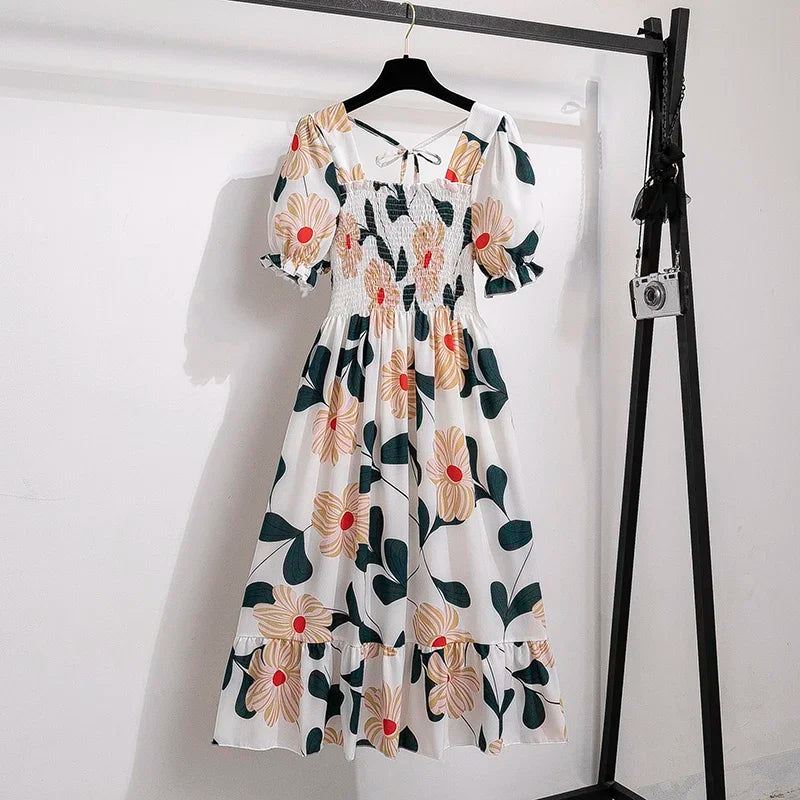 Spring Summer Chiffon Dresses Fashion Female Elastic Waist Short Sleeve Pleated Casual Dress Women A-line Dresses