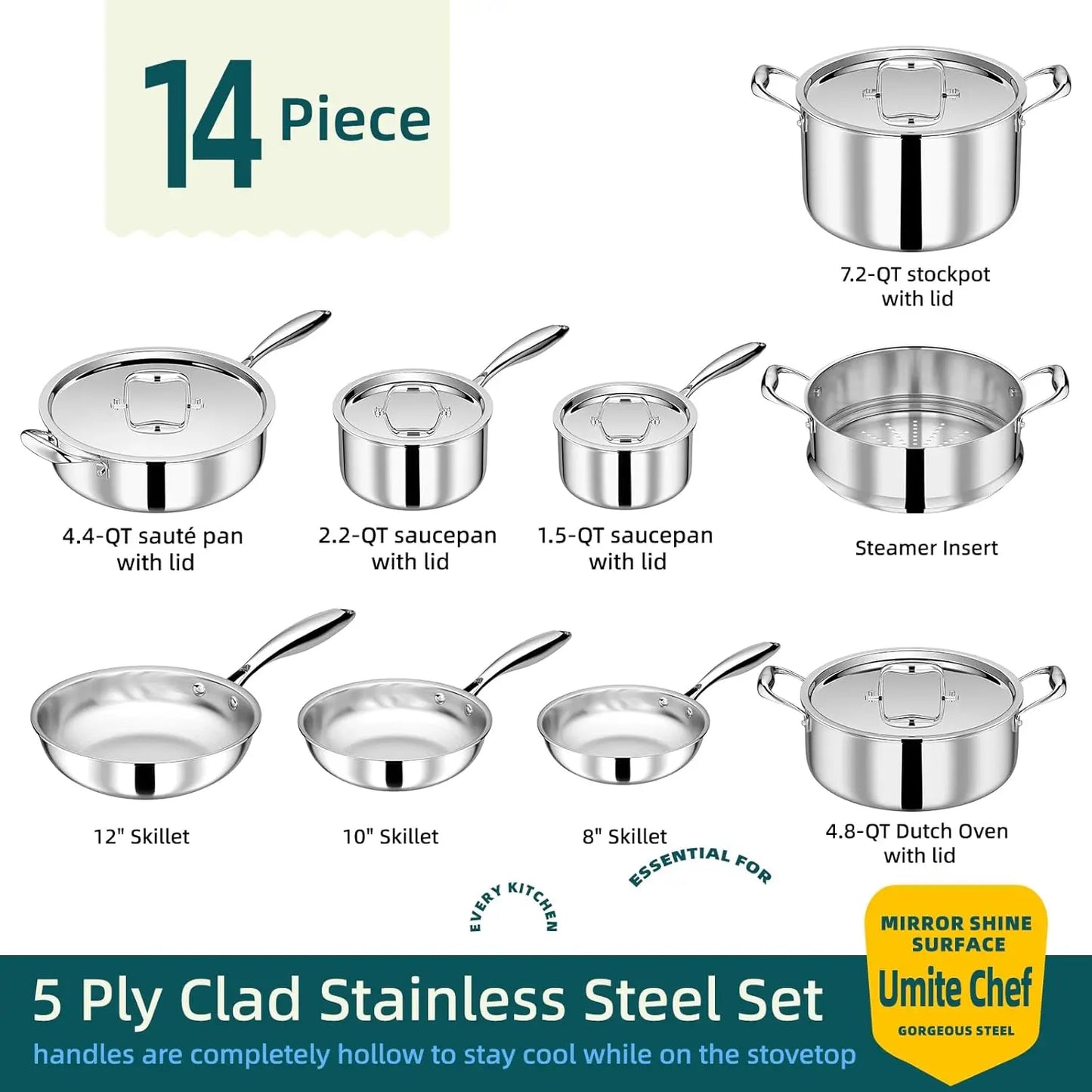 Stainless Steel Cookware Set, 5 Ply 14 Piece Stainless Steel Pot and Pan Set-Induction, Heavy Chef Quality, Oven Safe | Professi