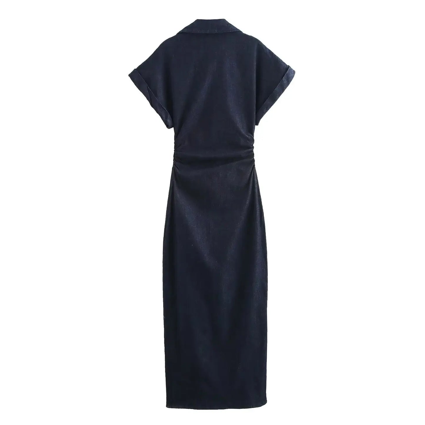 denim MIDI dress with lapel side zipper fashion wrinkle waist slim elegant dress