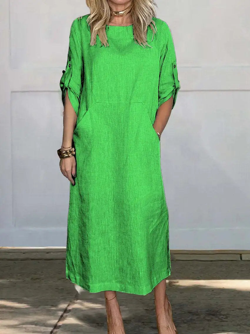 New Women's Clothing  Loose Casual Solid Color Short Sleeved Cotton Linen Fashionable Button With Pocket Dress