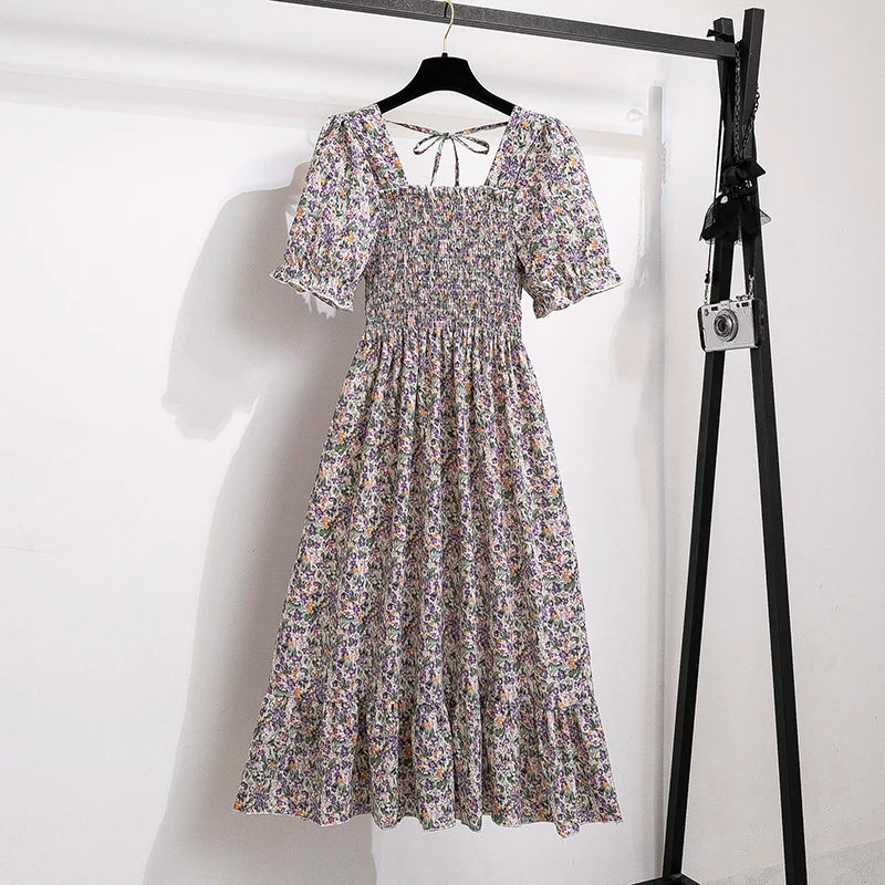 Spring Summer Chiffon Dresses Fashion Female Elastic Waist Short Sleeve Pleated Casual Dress Women A-line Dresses