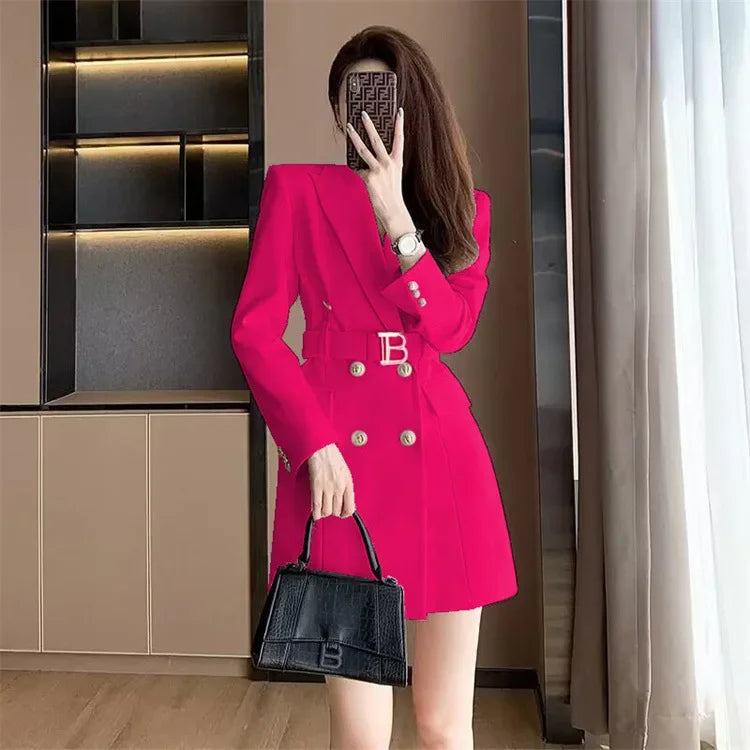 French Elegant Long Sleeve Suit Dress Waist-Cinching Short Size Professional Double-Buttoned Belted Coat