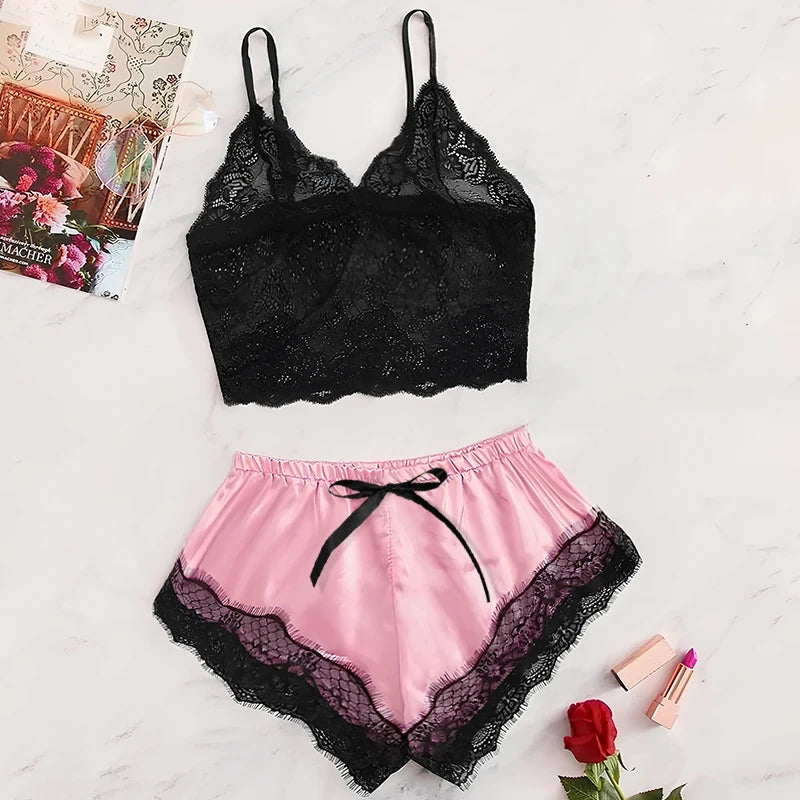2PCS Women's Satin Pajama Set Lace Cami Top and Shorts Sexy Lingerie Sleepwear Summer Breathable Nightwear Black And Pink