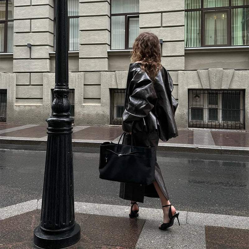 Street Green Leather Jacket Skirt Sets Women Stand Collar Zipper Pleated Coat Spliced Long Skirts Outfits
